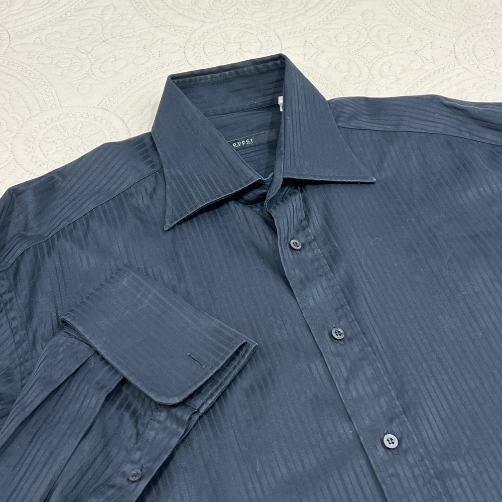 Gucci Mens Black Tonal Pinstripe Cotton Dress Shirt Made in Italy Size 42 16.5